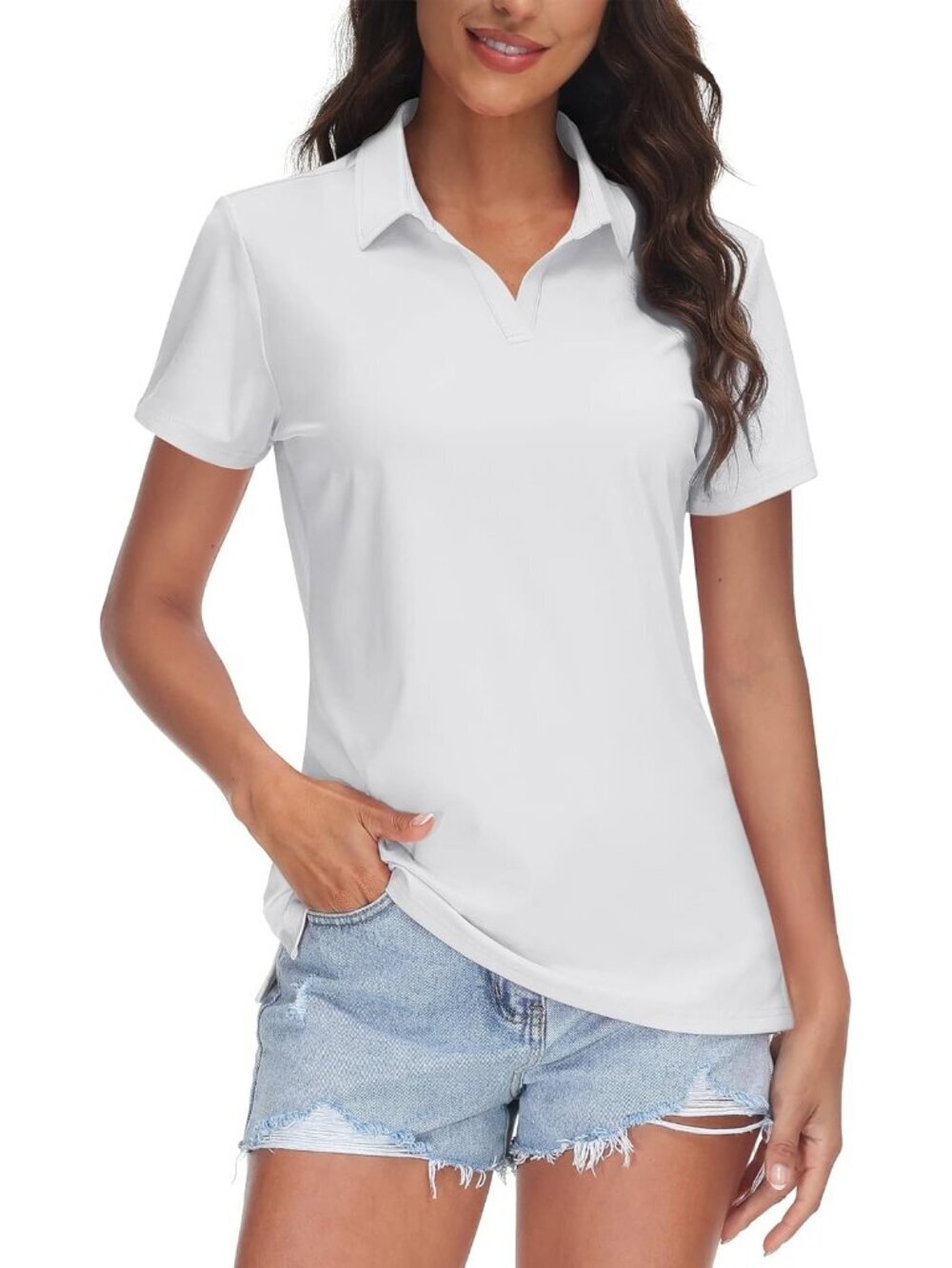 Women's 03-white V-Neck Polo Shirts UPF50+ Short Sleeve Golf Collared Tops